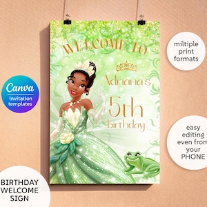 Tiana welcome sign template, printable birthday party Princess Frog welcome in poster, girl birthday, Royalb-day decoration template