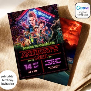 May include: A printable birthday invitation with a vibrant design, showcasing characters from a popular science fiction series. The invitation includes the text "Join us to celebrate Anthony's 14th Day" and event details. The Canva digital template is visible.