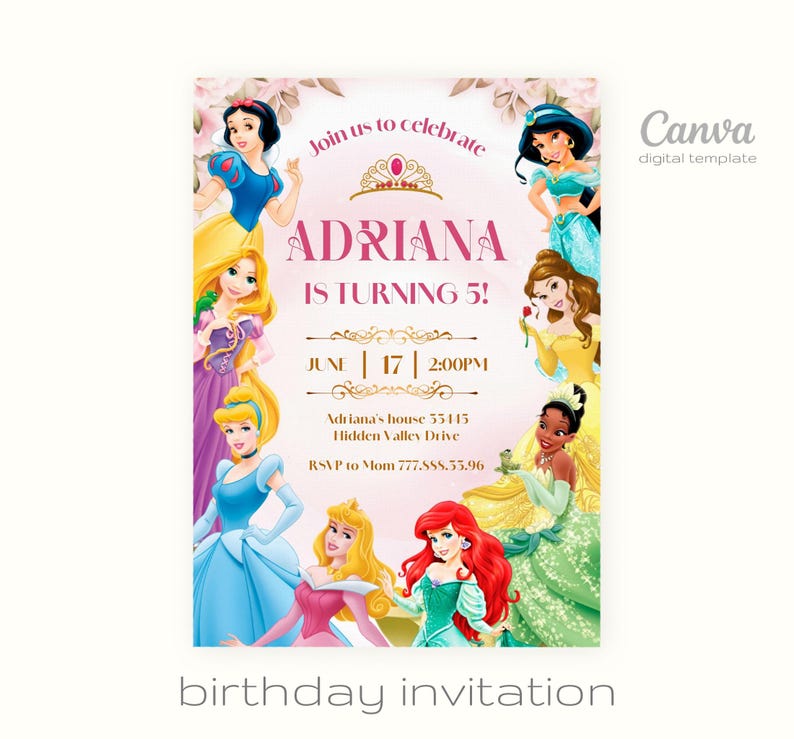 Princess Birthday Invitation, Girl Editable Invite Template, Printable ...