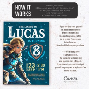 May include: A digital printable invitation for an 8th birthday party featuring a cartoon image of Link from the Legend of Zelda video game series. The invitation is blue and green with a gold shield and the text "The Legend of Lucas is turning 8".