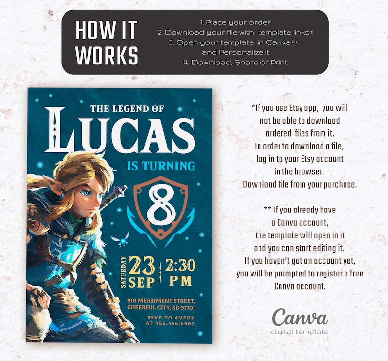 May include: A digital printable invitation for an 8th birthday party featuring a cartoon image of Link from the Legend of Zelda video game series. The invitation is blue and green with a gold shield and the text "The Legend of Lucas is turning 8".