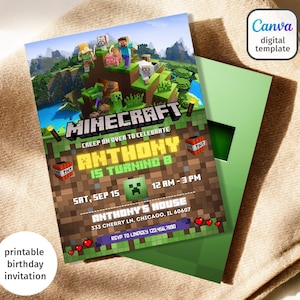 Printable editable invite, Video game party, Gamer birthday invitation, printed invitations, mine theme girl boy birthday, digital template