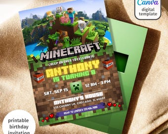 Printable editable invite, Video game party, Gamer birthday invitation, printed invitations, mine theme girl boy birthday, digital template