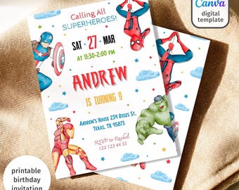 Printable boy birthday invite, Super Hero editable party invitation, Spiderman, Hulk, Captain America invite template, Avengers invitation