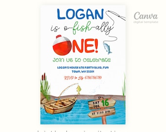 Printable fishing Birthday invitation, ofishally one Invite, big one o-fish-ally Party Template, Editable Invitation, first 1st