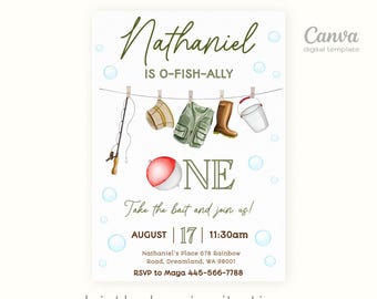 Printable fishing Birthday invitation, ofishally one Invite, big one o-fish-ally Party Template, Editable Invitation, first 1st