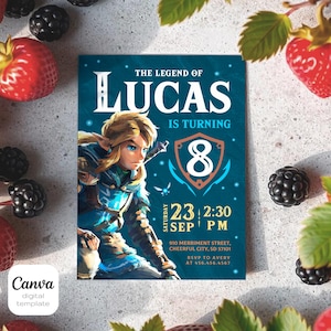 May include: A blue and green birthday invitation featuring a cartoon character from the Legend of Zelda video game series. The invitation says "The Legend of Lucas is turning 8" and includes the date and time of the party.