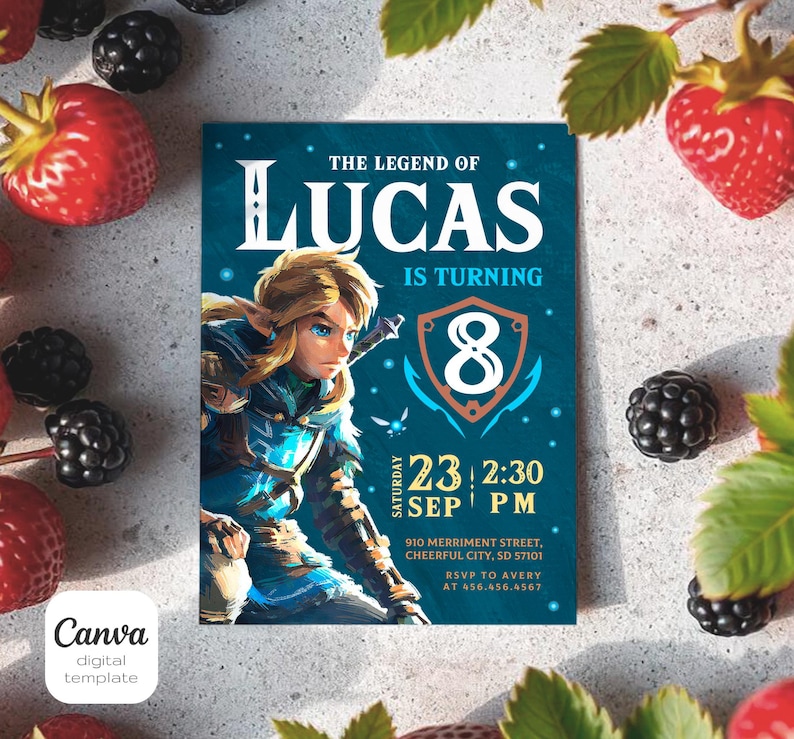 May include: A blue and green birthday invitation featuring a cartoon character from the Legend of Zelda video game series. The invitation says "The Legend of Lucas is turning 8" and includes the date and time of the party.
