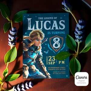 May include: A blue and green birthday invitation featuring a cartoon character from the Legend of Zelda video game series. The invitation says "The Legend of Lucas is turning 8" and includes the date and time of the party.