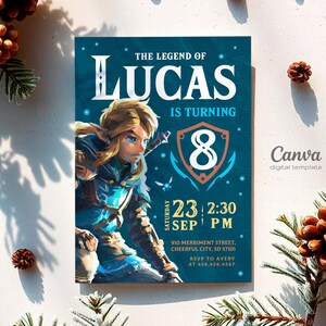 May include: A blue and green birthday invitation featuring a cartoon character from the Legend of Zelda video game series. The invitation says "The Legend of Lucas is turning 8" and includes the date and time of the party.