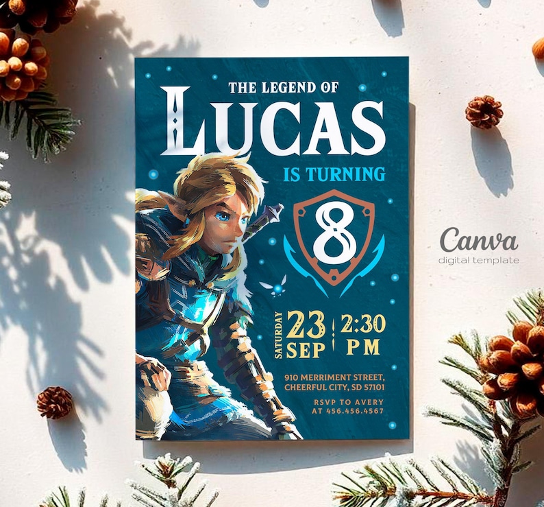 May include: A blue and green birthday invitation featuring a cartoon character from the Legend of Zelda video game series. The invitation says "The Legend of Lucas is turning 8" and includes the date and time of the party.