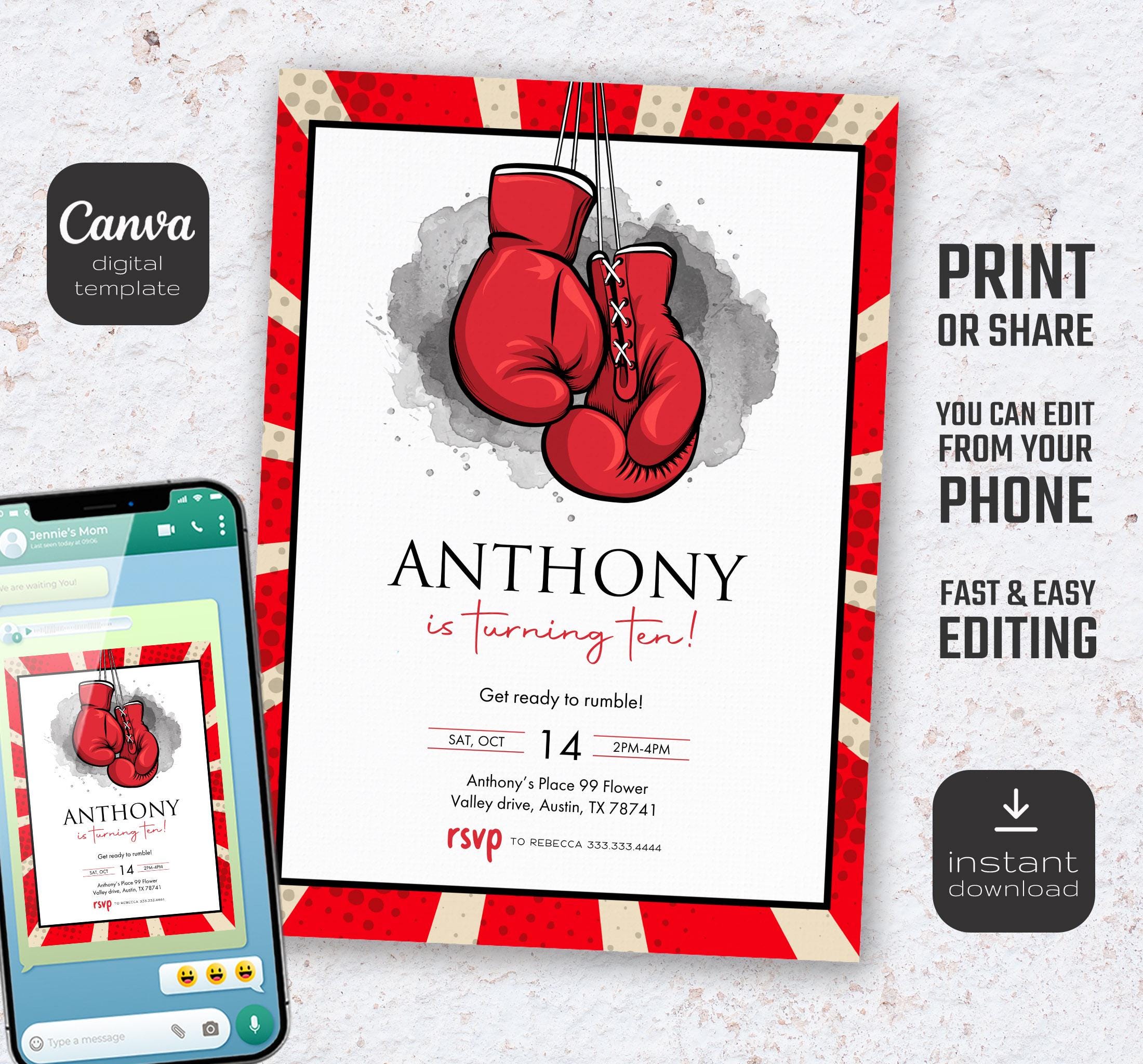 Boxing Training Invitations Printable Boxing Invitation, Fighter Invite, Digital Editable Birthday ...
