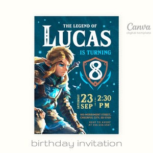 May include: A birthday invitation featuring a blue and green background with a character from the Legend of Zelda video game. The text reads "The Legend of Lucas is turning 8. Saturday, September 23rd at 2:30 PM. 910 Merriment Street, Cheerful City, SD 57101. RSVP to Avery at 456.456.4567."