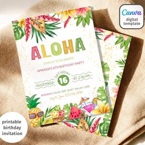 Puede incluir: Una invitación de cumpleaños imprimible con temática tropical. La invitación presenta la palabra "ALOHA" en letras coloridas, junto con detalles para una fiesta de 6 cumpleaños. Flores, frutas y hojas tropicales decoran la invitación.