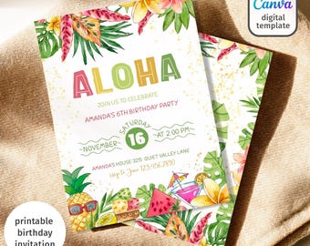 Aloha party invitation, Luau birthday, printable editable girl invite template, Pineapple invitation, Tropical Hawaii party