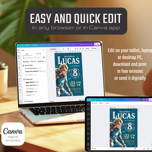 May include: A digital template for a birthday invitation featuring a cartoon character in a blue and green costume. The invitation says "The Legend of Lucas is turning 8" and includes a date and time. The template is editable in a web browser or the Canva app.