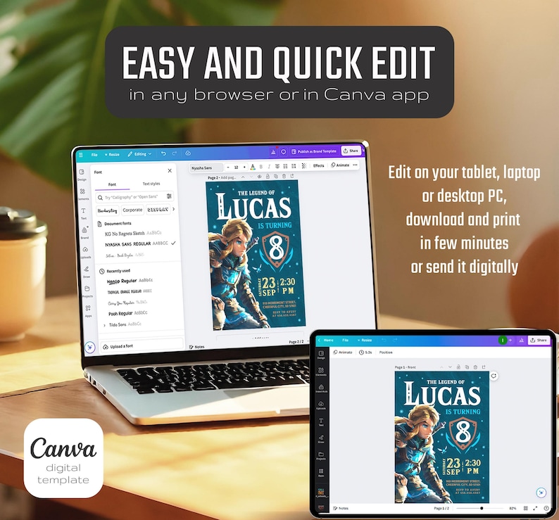 May include: A digital template for a birthday invitation featuring a cartoon character in a blue and green costume. The invitation says "The Legend of Lucas is turning 8" and includes a date and time. The template is editable in a web browser or the Canva app.