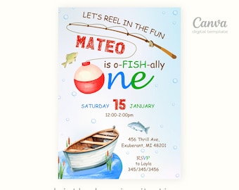Printable fishing Birthday invitation, ofishally one Invite, big one o-fish-ally Party Template, Editable Invitation, first 1st