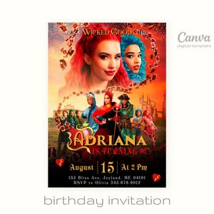 May include: A birthday invitation featuring characters from the Disney movie Descendants. The invitation is red, black, and gold with a red apple and the text "Adriana is turning 9!"  August 15 at 2 pm. 135 Bliss Ave. Joyland, ME 04101. RSVP to Olivia 345-678-9012.
