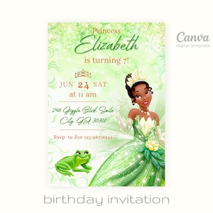 Princess Tiana Birthday invitation, Girl editable invite template, princess frog printable invitation, royal party, instant download