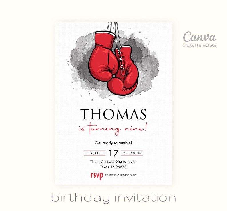 Printable Boxing Invitation, Fighter Invite, Digital Editable Birthday ...