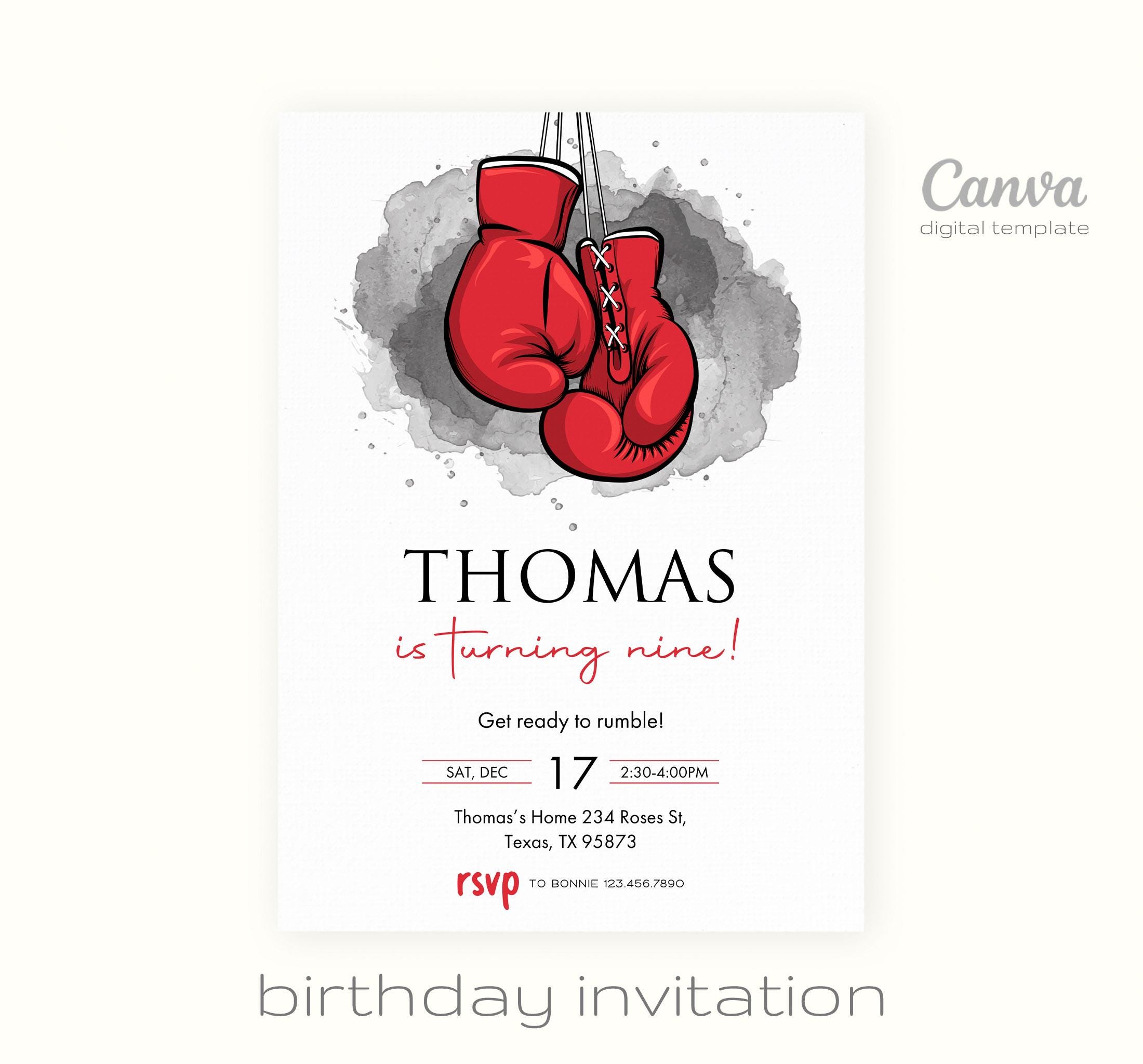 Boxing Training Invitations Printable Boxing Invitation, Fighter Invite, Digital Editable Birthday ...