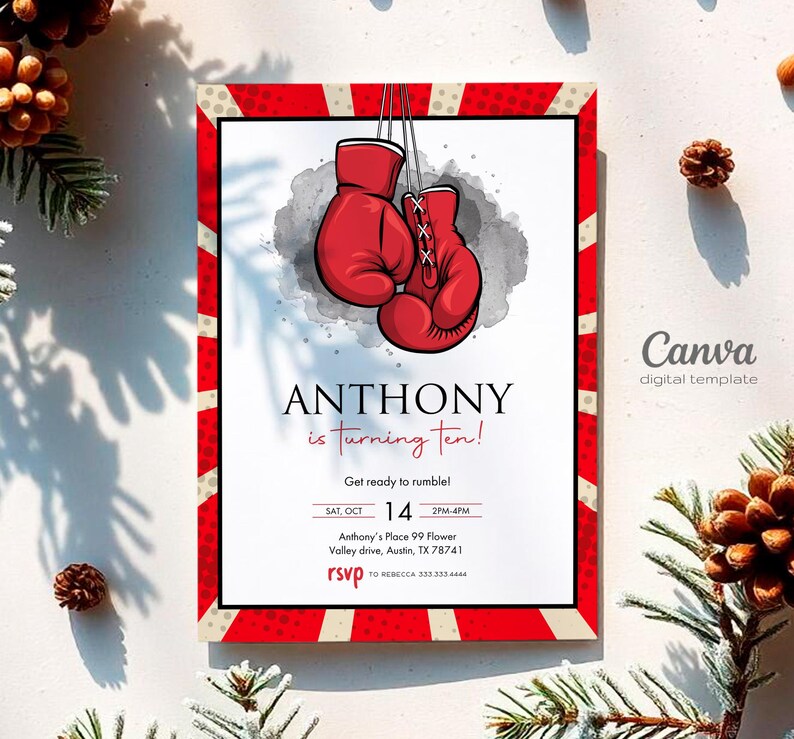 Printable Boxing Invitation, Fighter Invite, Digital Editable Birthday ...