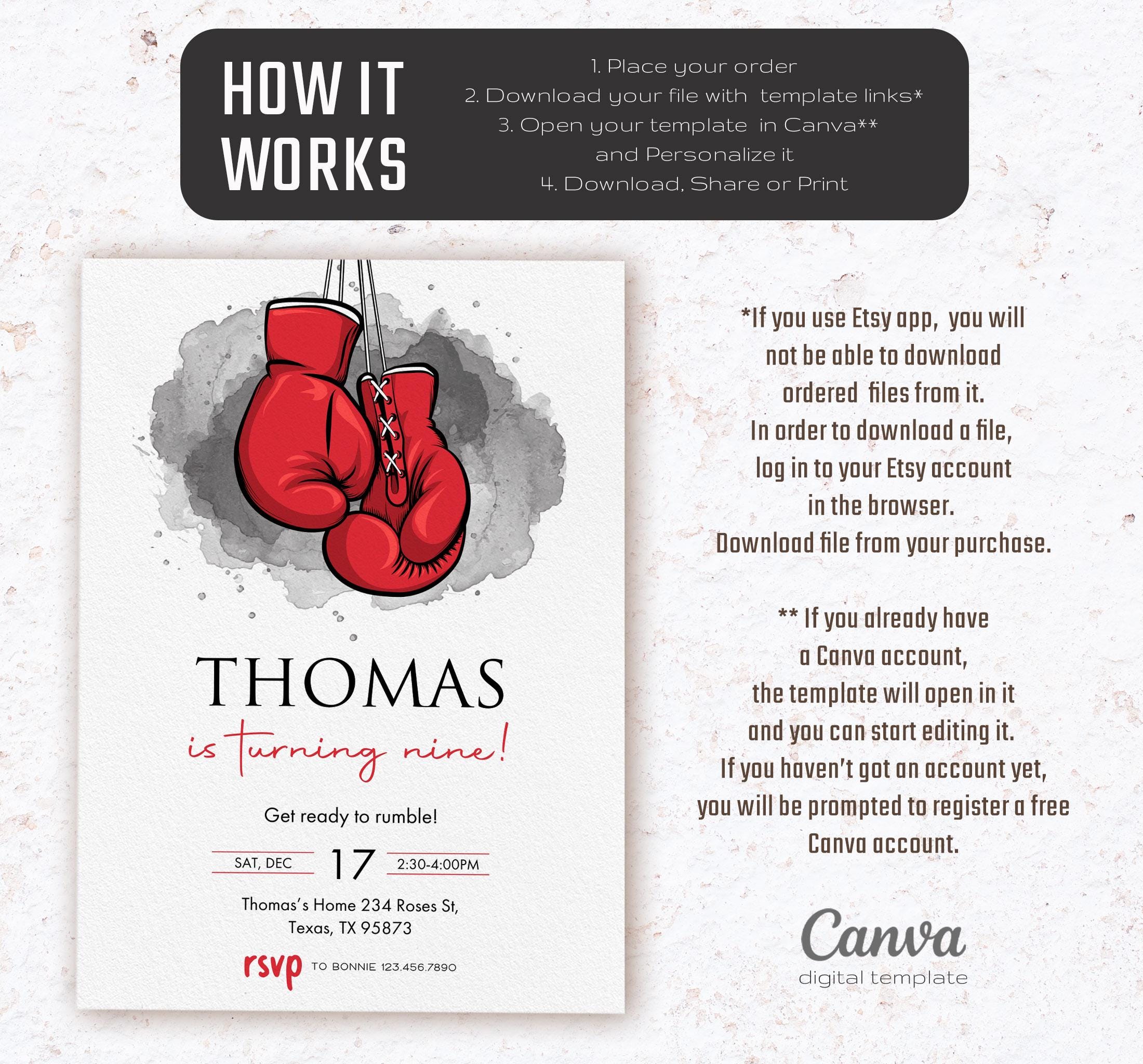 Boxing Training Invitations Printable Boxing Invitation, Fighter Invite, Digital Editable Birthday ...