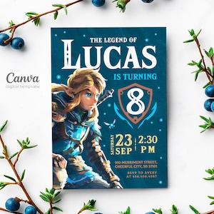 May include: A blue and green invitation card with a cartoon image of Link from The Legend of Zelda video game series. The text on the card reads "The Legend of Lucas is turning 8. Saturday, September 23rd at 2:30 PM. 910 Merriment Street, Cheerful City, SD 57101. RSVP to Avery at 456.456.4567."