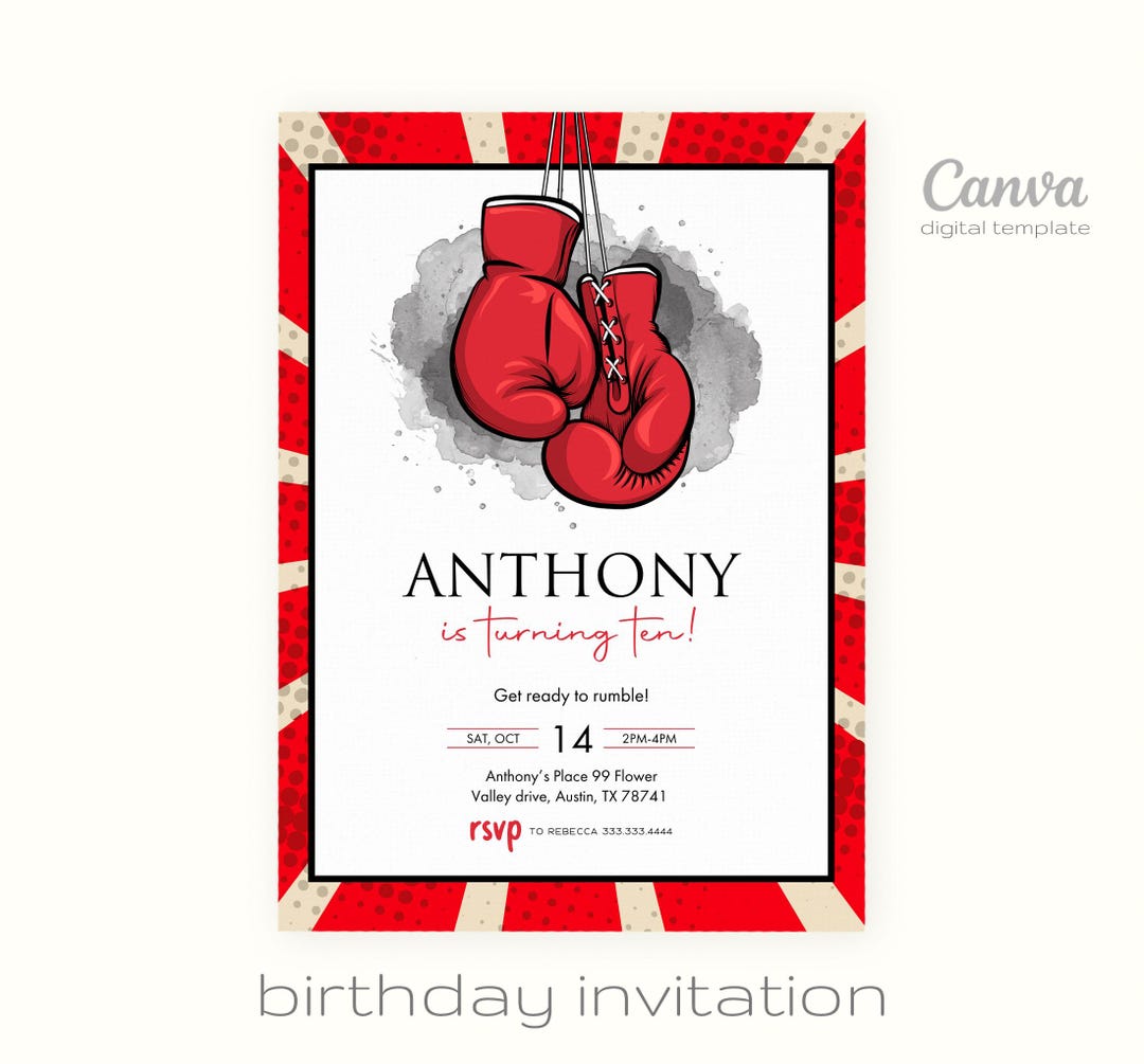 Printable Boxing Invitation, Fighter Invite, Digital Editable Birthday ...