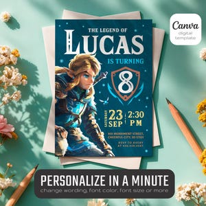 May include: A digital invitation for an 8th birthday party featuring a cartoon image of Link from the Legend of Zelda video game series. The invitation is blue and green with gold accents and includes the text "The Legend of Lucas is turning 8".