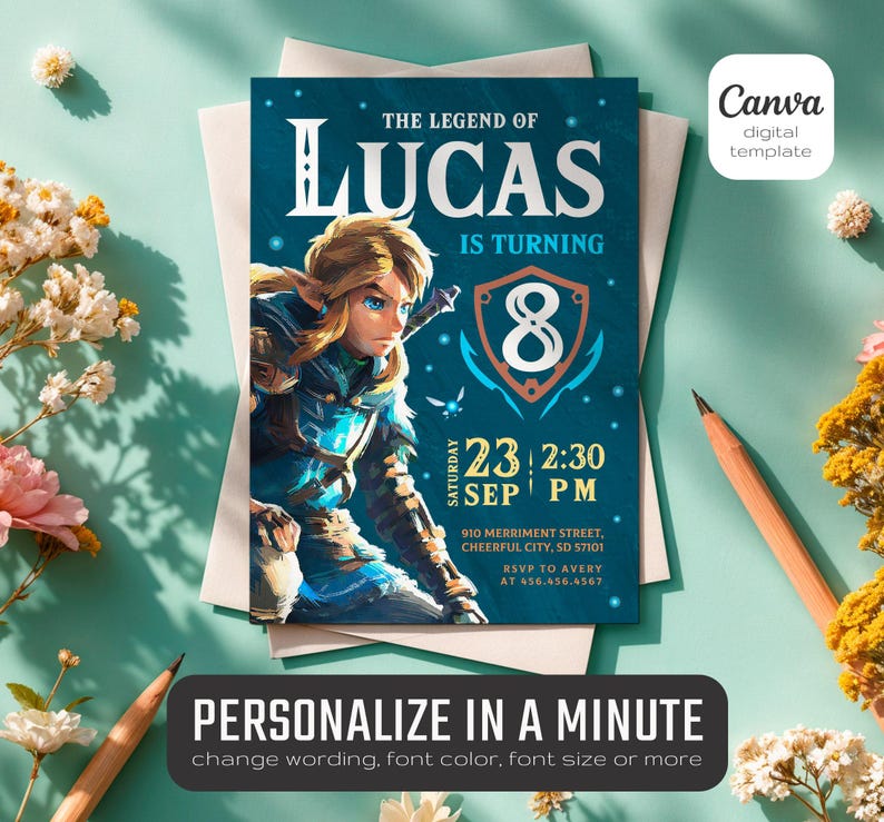 May include: A digital invitation for an 8th birthday party featuring a cartoon image of Link from the Legend of Zelda video game series. The invitation is blue and green with gold accents and includes the text "The Legend of Lucas is turning 8".