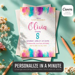 May include: A colorful birthday invitation with watercolor-style paint strokes in pink, teal, and purple. The invitation says "Olivia is turning 8" and includes event details. The Canva digital template is ready to personalize.