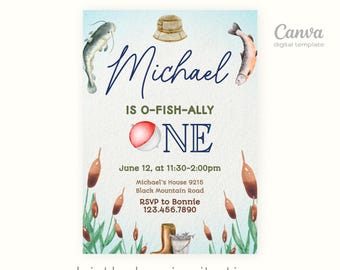 Printable fishing Birthday invitation, ofishally one Invite, big one o-fish-ally Party Template, Editable Invitation, first 1st