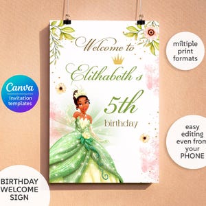 Tiana welcome sign template, printable birthday party Princess Frog welcome in poster, girl birthday, Royalb-day decoration template