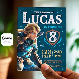 May include: A blue and green birthday invitation featuring a cartoon character from the Legend of Zelda video game series. The invitation says "The Legend of Lucas is turning 8" and includes the date and time of the party.