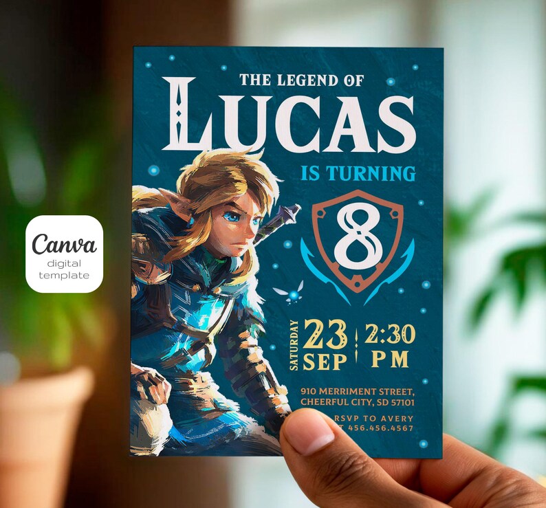 May include: A blue and green birthday invitation featuring a cartoon character from the Legend of Zelda video game series. The invitation says "The Legend of Lucas is turning 8" and includes the date and time of the party.