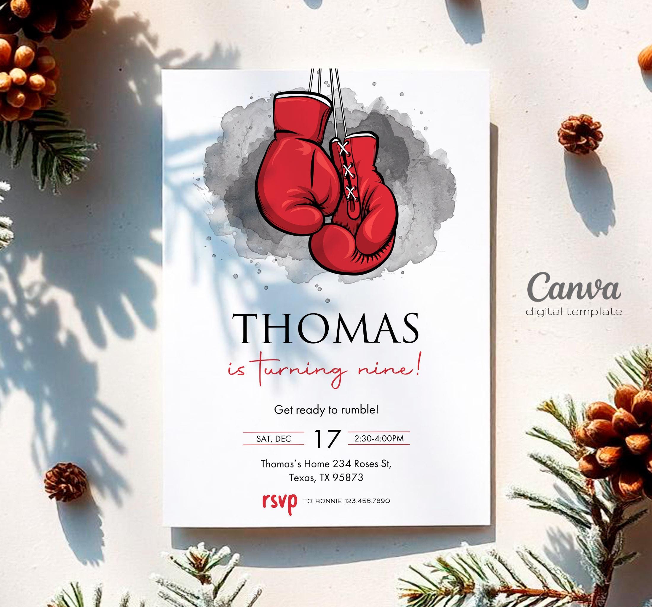 Printable Boxing Invitation, Fighter Invite, Digital Editable Birthday ...