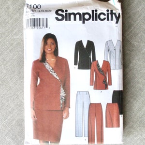 May include: Simplicity sewing pattern number 7100 for sizes 14, 16, 18, and 20. The pattern includes instructions for a jacket, skirt, and pants. The model is wearing a brown jacket with a black and white patterned trim, a brown skirt, and brown pants.