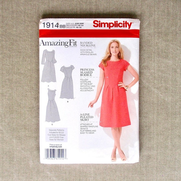 Simplicity 1914 Pattern, A-Line Dress, Princess Seam Bodice, Bra Cup Options, Sleeve Options, Choose Sizes 10-18 OR Sizes 20W-28W, FF Uncut