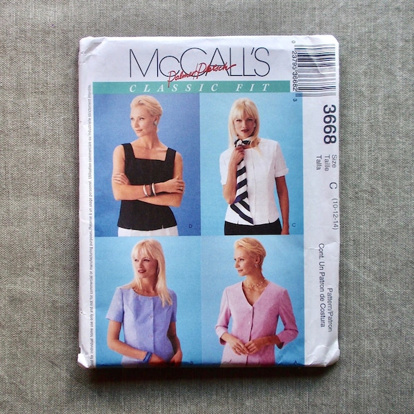 McCall's 3668 Size C (10-12-14) Palmer/Pletsch Tailored, Fitted Blouse, Neckline & Sleeve Options, Womens Top, Career, Party, Event, Uncut.