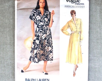 Vogue 1722 Ralph Lauren Midi Dresses Size 12 Vintage 80s Shirtdress with Short or Long Sleeves, Pleated Skirt, Shoulder Pads, UNCUT