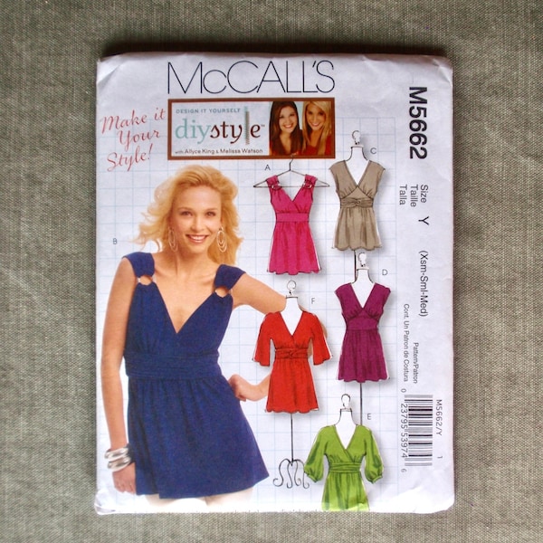 McCall's M5662 5662 Size Y (XSm 4-6, Sm 8-10, Med 12-14) diystyle™ Gathered Tops. Wrap Front or V-Neck, Midriff & Sleeve Options. Uncut.