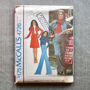 May include: A vintage sewing pattern for a shirt-jacket, skirt, and pants. The pattern is from McCall's and is number 4726. The pattern is for misses' sizes 8-31 1/2.