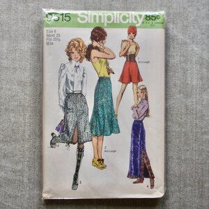 May include: Vintage Simplicity sewing pattern 9515 featuring illustrations of women's skirts and tops. The pattern includes a mini-length skirt, a midi-length skirt, and other designs. The package shows size 8, waist 23 inches, and hip 33.5 inches.