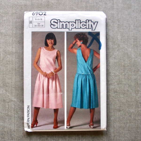 Simplicity 6902 Sizes 6-8-10, Misses Back-Wrap, Relaxed Loose Sleeveless Dress, Drop Waist, Low V Back, Summer Dress, Factory Folded & UNCUT