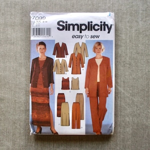 May include: Simplicity sewing pattern number 7099 for sizes 8-14. The pattern includes instructions for making a jacket, pants, skirt, and top. The pattern is shown on a white background with a model wearing the finished garments.