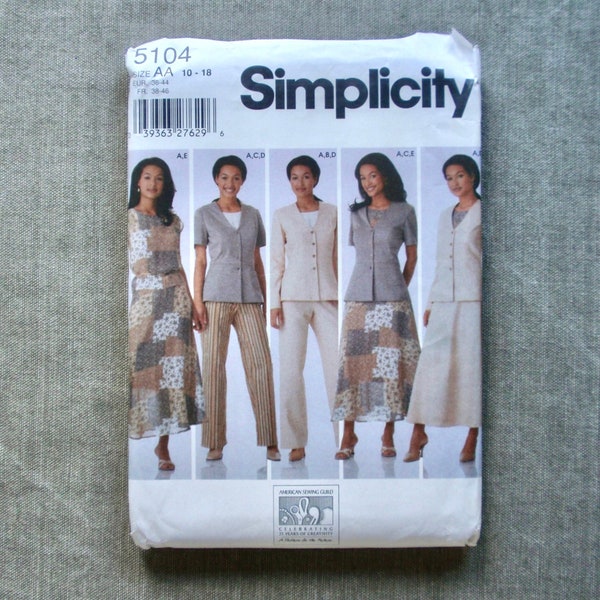 Simplicity 5104 Separates, Sizes 10-12-14-16-18, Fitted Jacket, Sleeveless Top, Flare Skirt, Tailored Pants, Career, Weekend, Travel, UNCUT