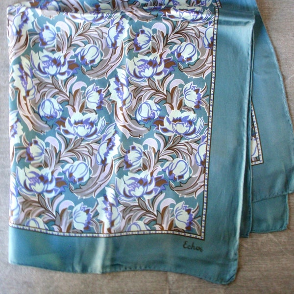 70s Echo Silk Scarf with Floral Motif, Teal, Gray, Periwinkle, Green, Lavender, 25" Square, Gift, Career, Dress & Jeans, Like New, Used