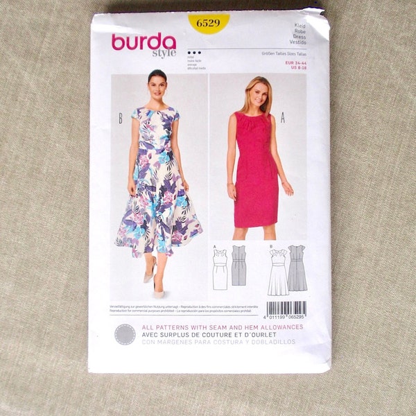 Burda Style 6529 Dress Pattern, Sizes 8-18, Sleeveless & Short Sleeves, Midi Full Or Short Pencil Skirt, Inset Midriff, Career, Party UNCUT